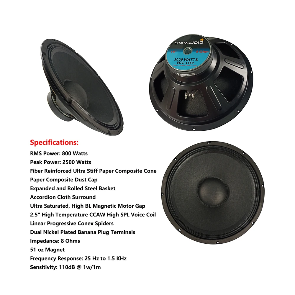 STARAUDIO Профессиональный DJ PA 2500 Вт 15 дюймов 8 Ом сырой динамик сабвуфер замена Sub