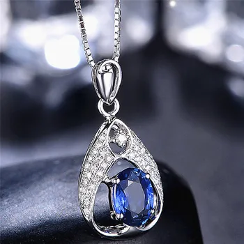 

Princess blue crystal sapphire gemstones diamonds pendant necklaces for women 18k white gold silver color choker jewelry bijoux