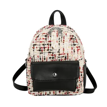

Women's Leather Wool Backpack Fashion Contrast Color Bag Retro Backpack Woolen Leisure Travel Rucksacks Bag for Teenage Girls