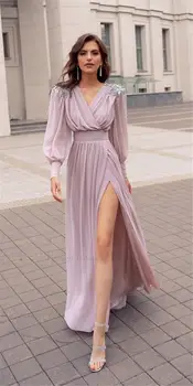 

Elegant Dusty Pink Chiffon A Line Evening Dresses Long Sleeves V Neck Prom Dress Crystal Shoulder Draped Side Gown