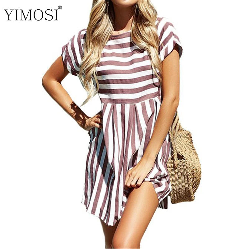 Summer Women Striped Beach Dress Casual O-Neck Short Sleeve Sexy Mini Sundress 2020 Lady Loose Party Dresses Vestidos | Женская одежда
