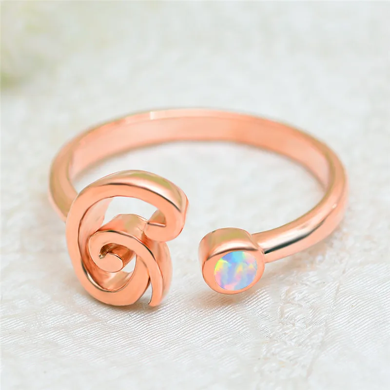 Cute Female G Letter Open Adjustable Ring Boho Small Blue White Opal Wedding Rings For Women Rose Gold Round Engagement Ring - Цвет основного камня: Rose Gold White