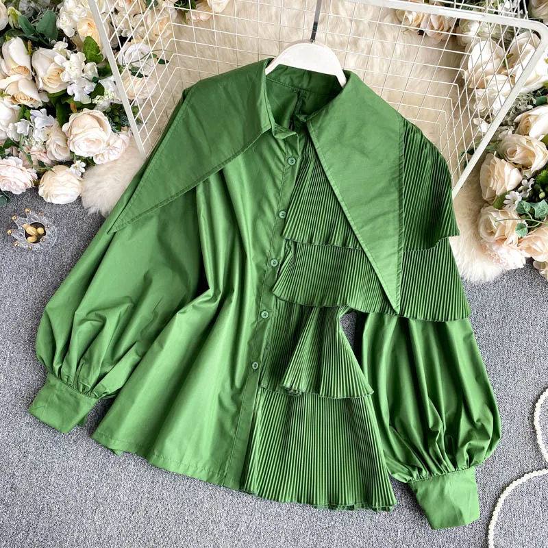 Mulheres Coreano Doces Cores Camisa Fritos Rua Outono Camisas Irregular Puff Manga Plissado Topo Feminino Blusa Pl461 6 Mulheres coreano doces cores camisa fritos rua