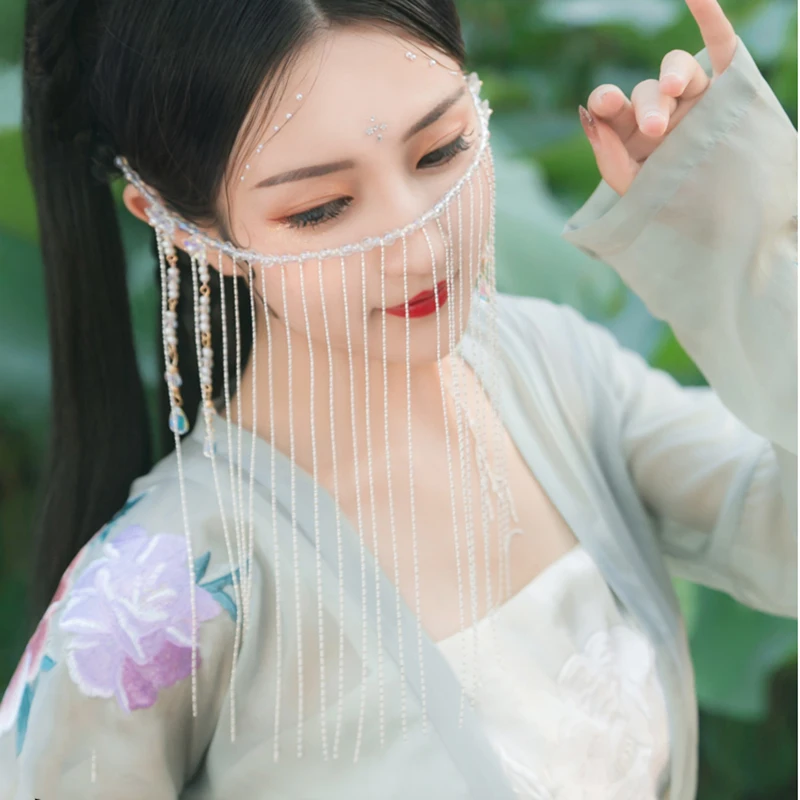 Китайская одежда, занавеска для лица, античное покрытие для лица, с кисточкой, для шоу, занавеска для лица, китайская невеста, головной убор, покрытие на цепочке