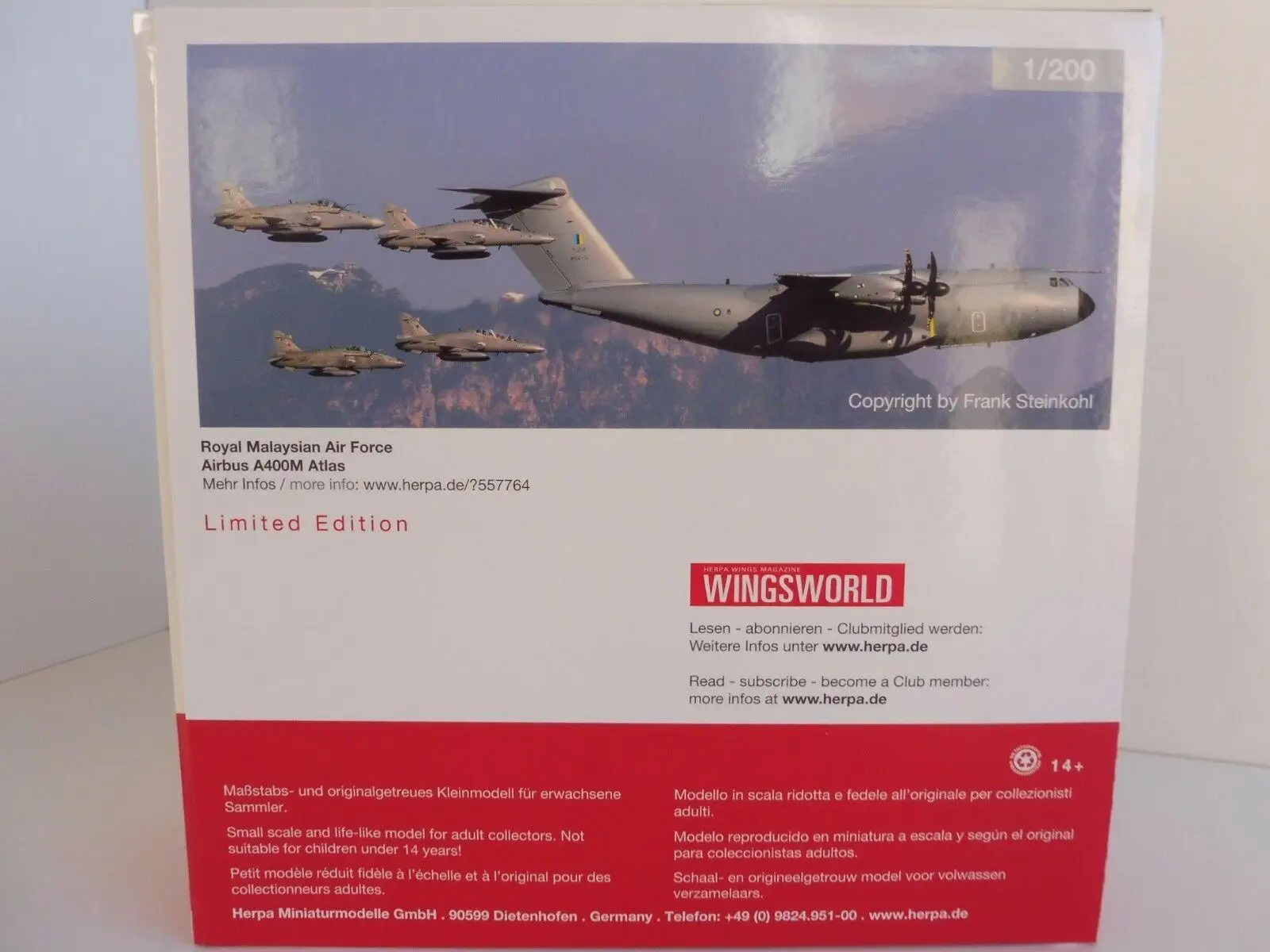 Herpa Royal Malaysian Air Force Airbus A400M Atlas 22 Squadron, 1st Division, Subang Air Force Base 1/200 diecast plane model