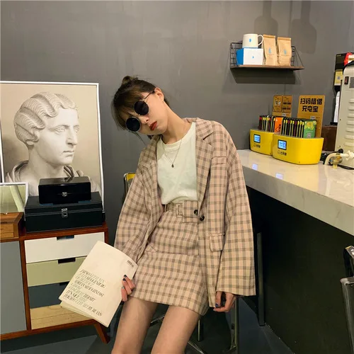 

Korean-style New Style Retro Versatile Plaid Suit Jacket + Skirt Set