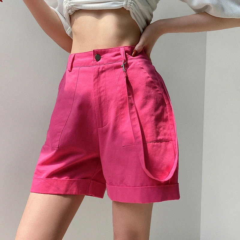 Pink Casual Cargo Short Pants Women Harajuku High Waist Shorts with Strips Pockets Fashion Loose Shorts High Street