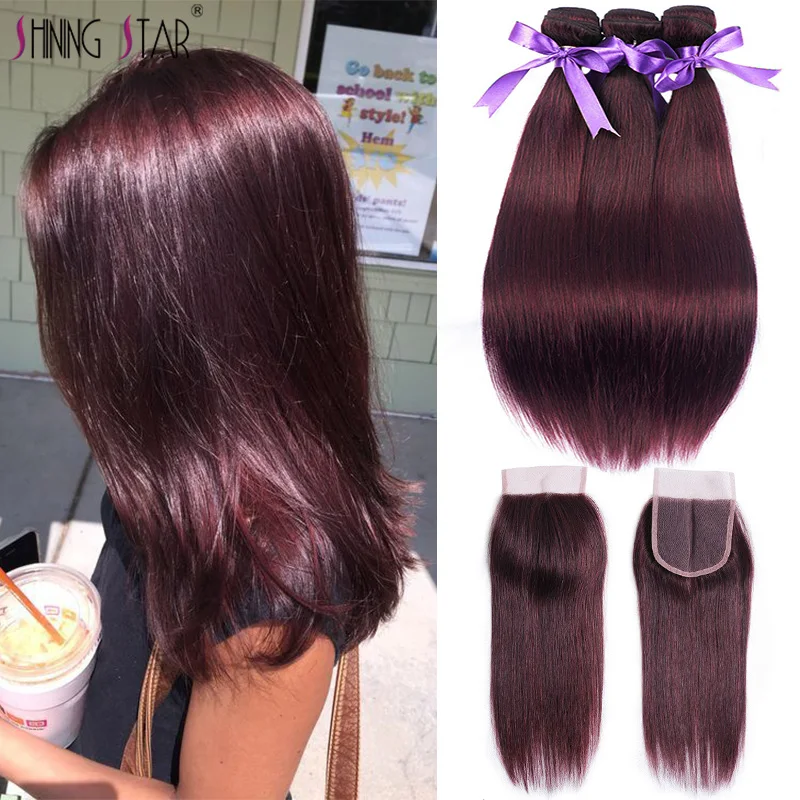 

Shining Star Straight Hair Bundles With Closure Burgundy Red Colored Bundles With Closure Peruvian Remy Human Hair Weave Bundles