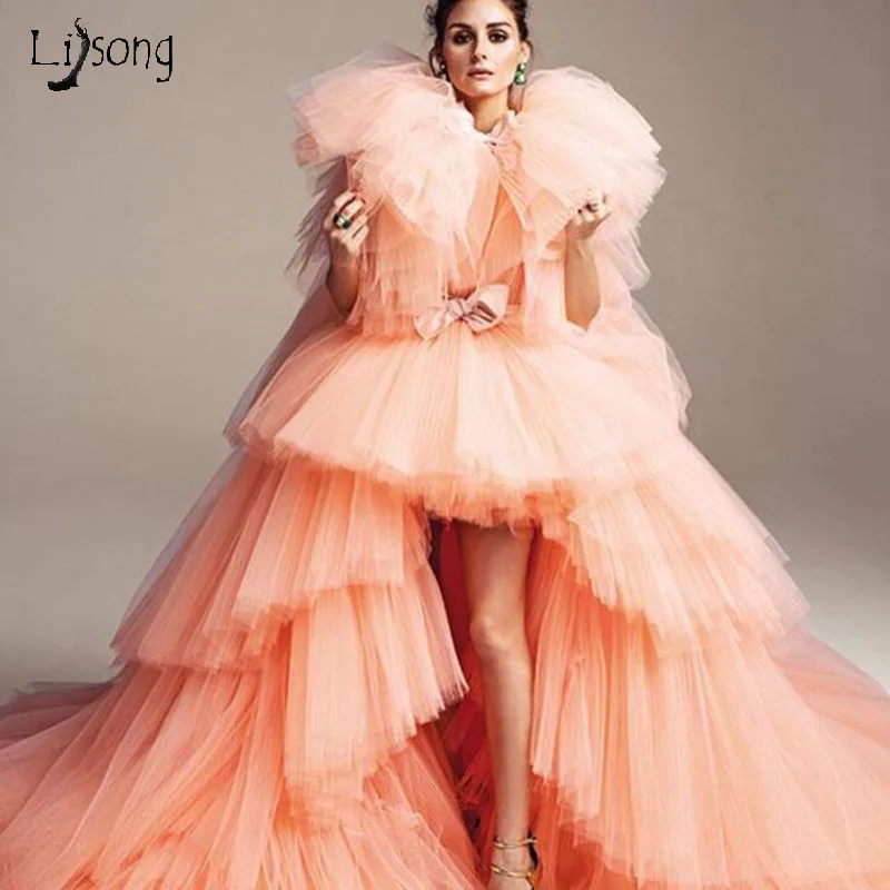

Chic Ruffle Asymmetrical Lush Tutu Evening Party Dresses Trendy High Low Long Prom Gowns Tiered Tulle Party Dresses Abendkleider