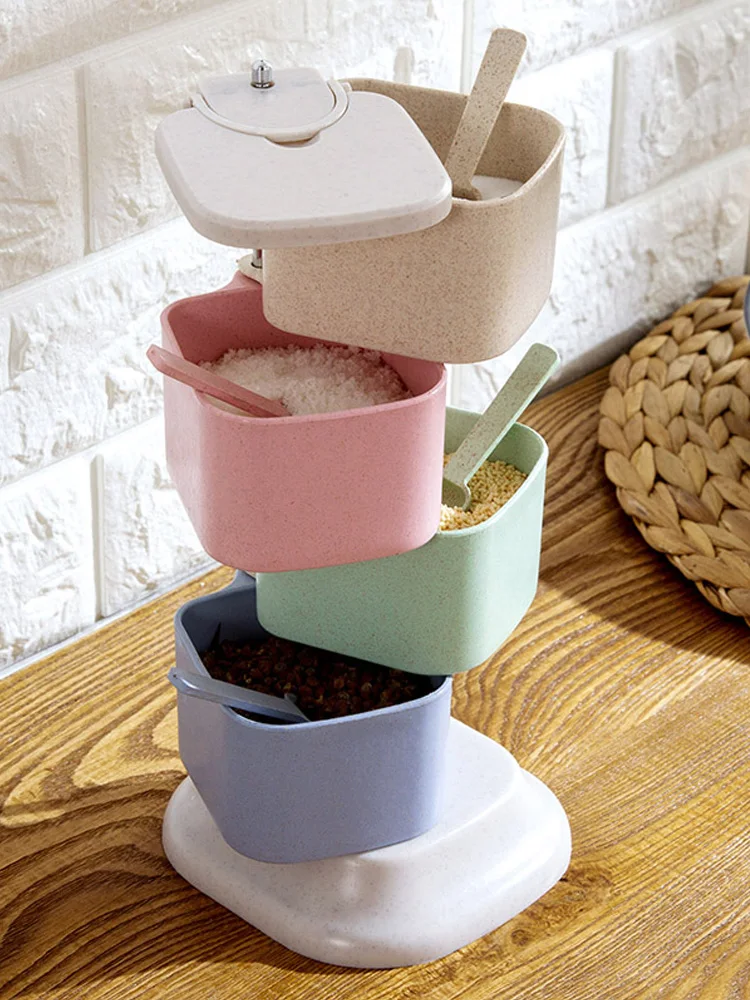 

Vertical Rotary Condiment Box for Wheat Straw Condiment Pot Kitchen Salt Seasoning Bottle Spice Container