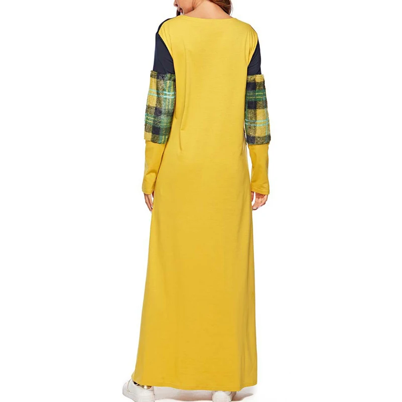 

2019 New Autumn Casual Patchwork Middle Eastern Muslim Dresses Women Abaya Long Sleeves O-Neck Loose Yellow Turkish Robe