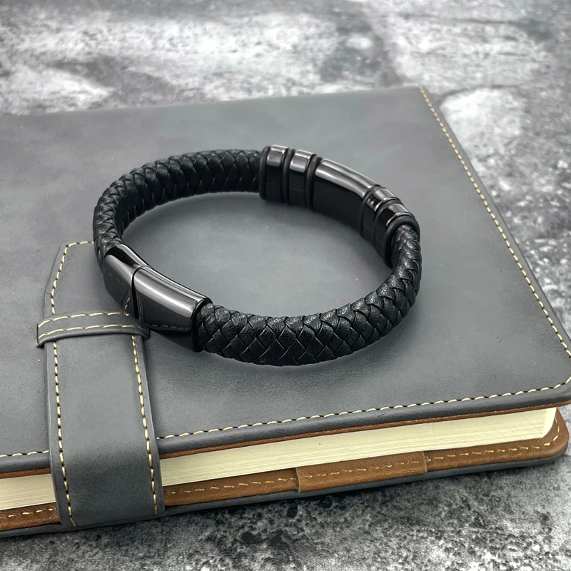 Black Genuine Leather Mens Fashion Bracelet Gift