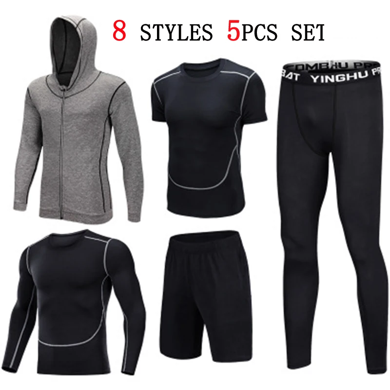 

5PCS Sets Men Training Gym Fitness Tracksuits Running Sets Sportswear Suits Quick Dry Running Sets Clothes Sports Joggers