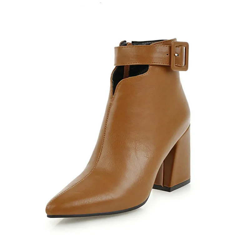 

Ankle Strap High Heels Women Boots Pointed Toe Footwear Zip Female Boot Pu Shoes Woman Winter 2019 New Plus SY-52
