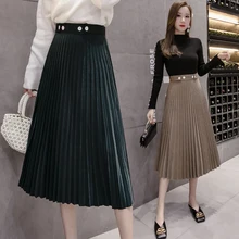 Осень Зима Высокая талия плиссированная юбка на молнии для похудения Atrovirens длинные плиссированные юбки элегантные женские юбки