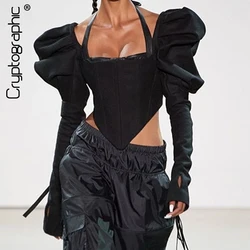 Cryptographic blusa com gola quadrada feminina, camisa preta sexy sem costas com manga longa de empilhar estilo vintage