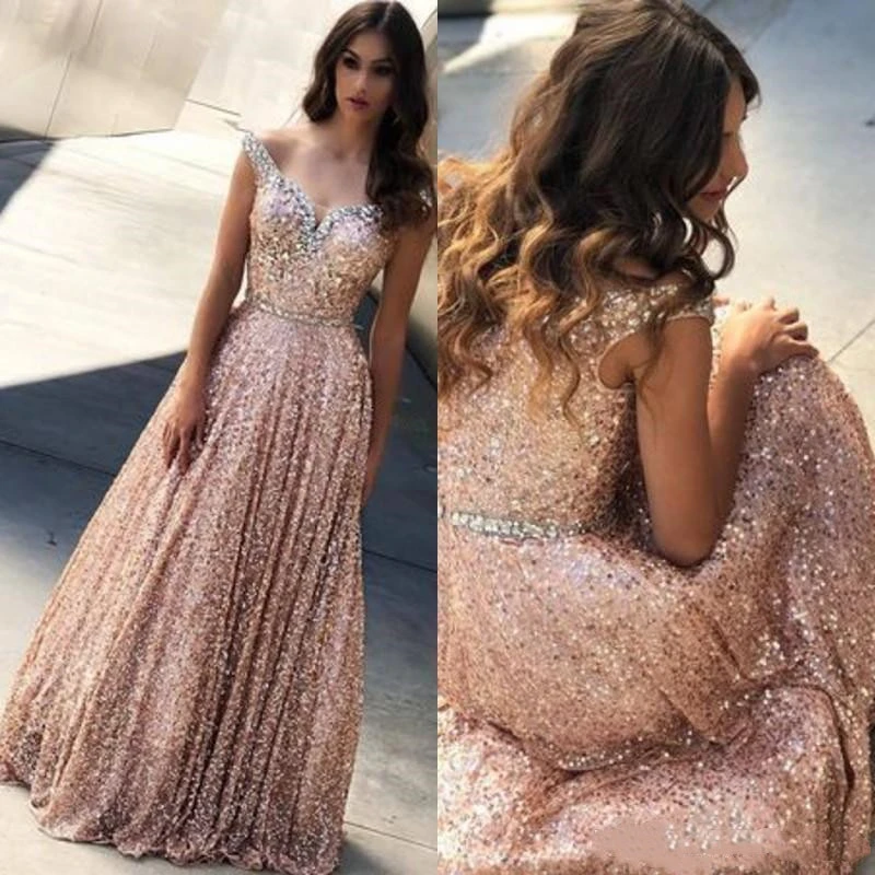 Rose Gold Off The Shoulder Prom Dresses 2022 Full Sequins A LineLong Beaded Floor Length Party Wear Gowns Evening Dresses short formal dresses