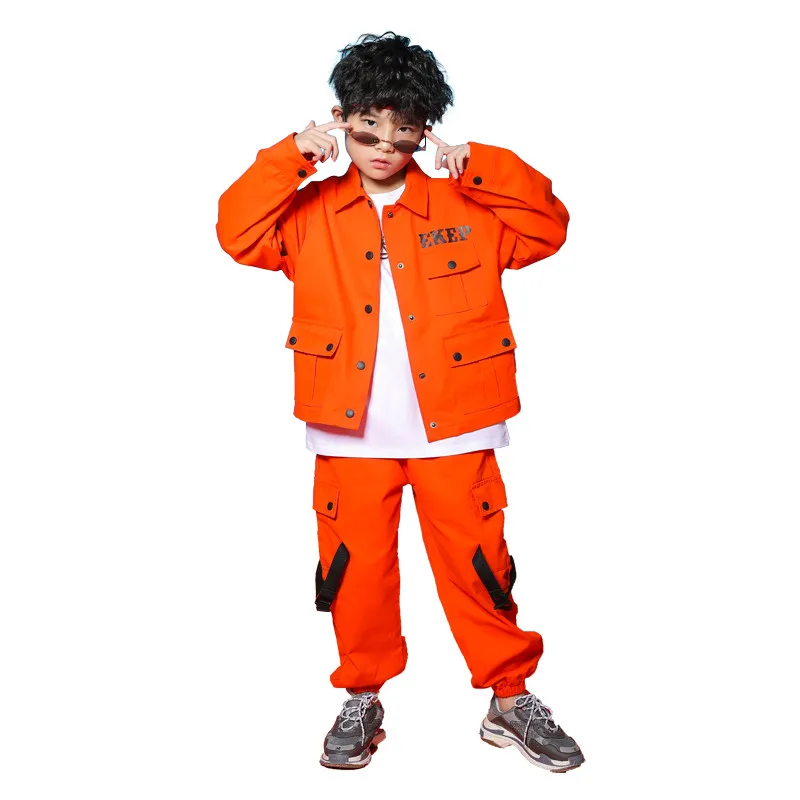 Jazz Costumes Orange Tooling Long Sleeve Jacket Pants Boys Street Dancing Clothes Hip Hop Dance Set Stage Dancewear Kids