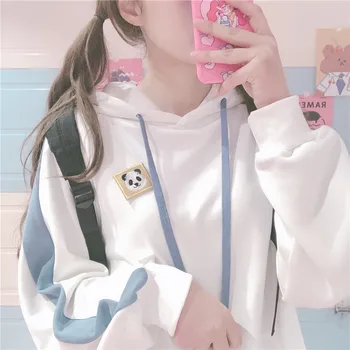 

College style Small fresh Panda Brooch Splice Hooded Loose Hoodie Sweatshirt Wild Girls Spring Student pullover Tops Mori Girl