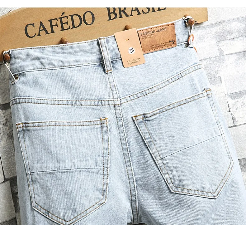 New Summer Men Holes Denim Shorts Light Blue Short Jeans Good Quality Men Knee Length Jeans Shorts Large Size Straight