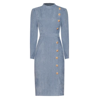 

New Button Designer Women Dress Fashion Sheath Long Sleeve Work Dresses M3906