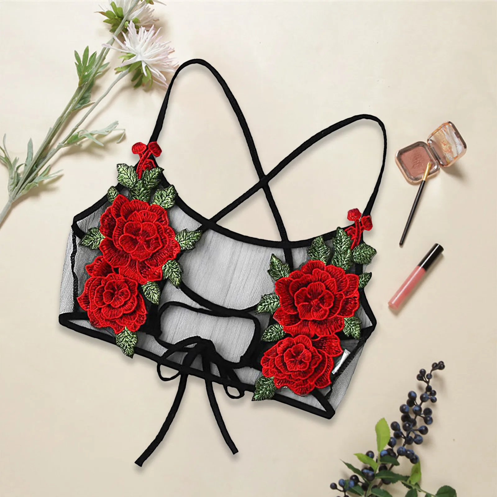 X4# Women Sexy Floral Lace Cup Bralette Halter Bandage Strappy Cami Bustier Rose Embroidered Applique Lingerie Club Bra | Женская одежда