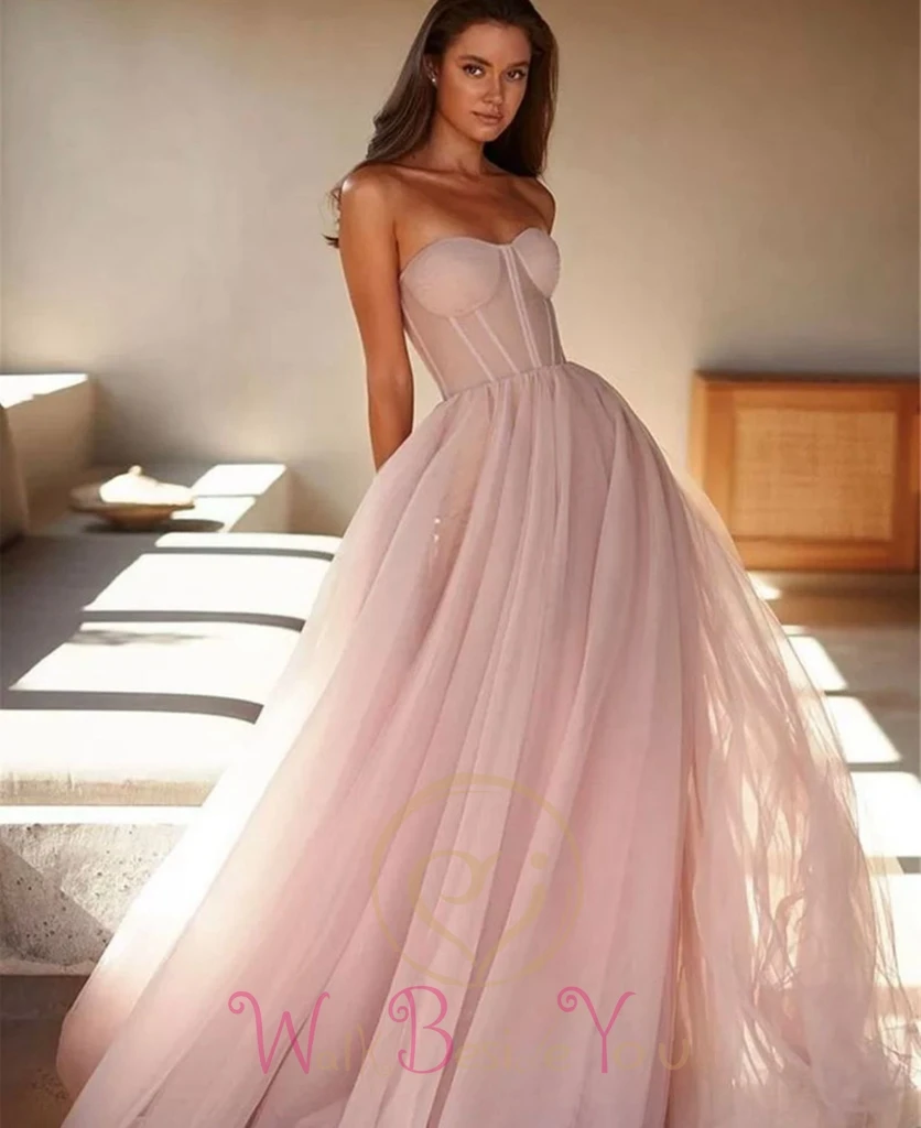Light Pink Prom Dresses Tulle Long 