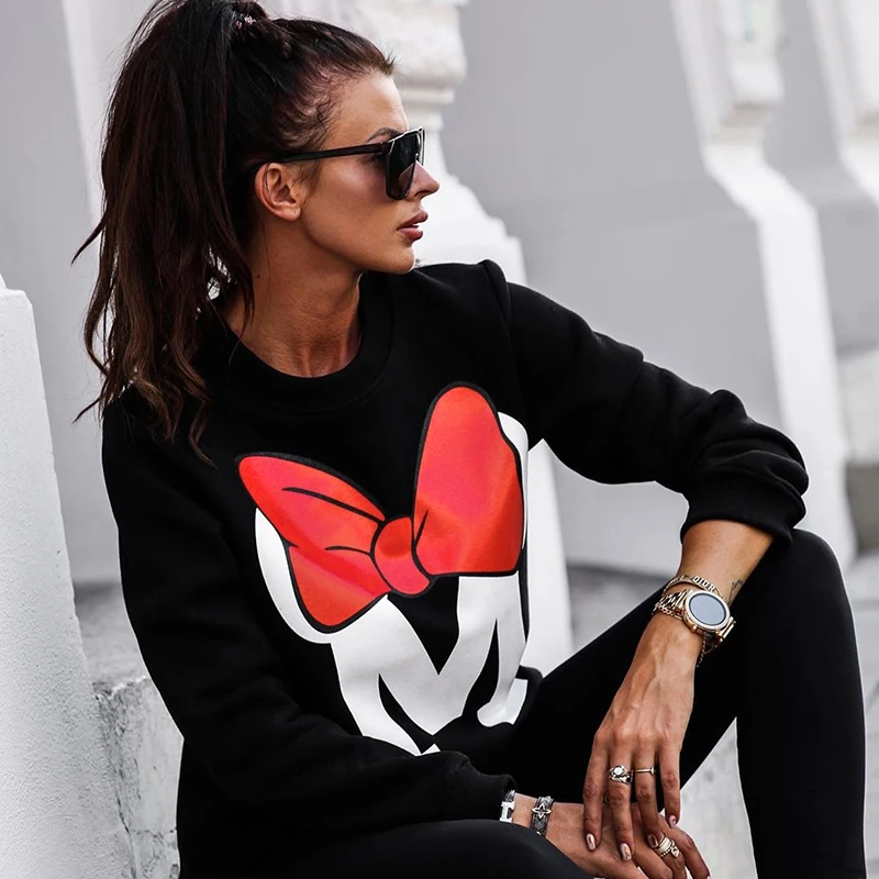  WannaThis Autumn Winter Long Sleeve Gray Sweatshirts Women 2019 Mickey Letter Print O-Neck Casual L