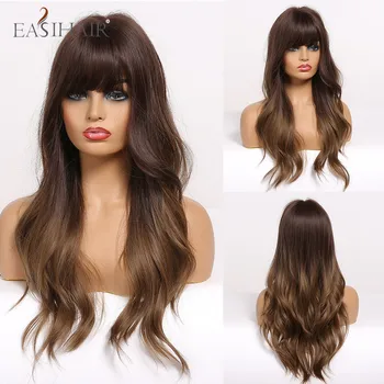 

EASIAHIR Women Synthetic Wigs Ombre Dark Brown Long Wavy Wigs with Bangs Cosplay Heat Resistant Wigs for Women African American