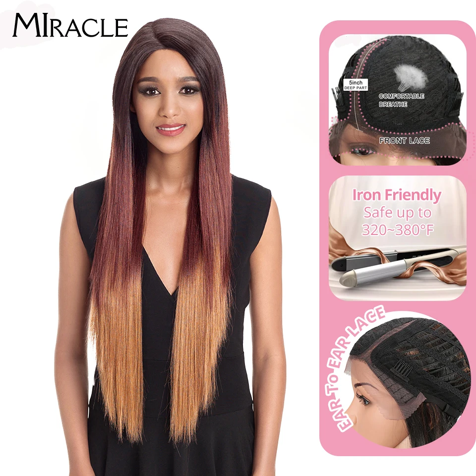 

Noble Hair Ombre Wig Colorful Heat Resistant Synthetic Hair Can Be Permed 32"Inch Long Straight Lace Front Wigs For Black Women