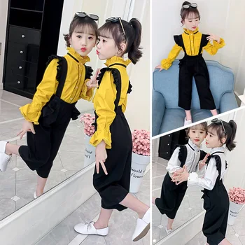 

Kids Long sleeve Outfits Ruffles Shirts & Suspender Pants Suits Girls Clothing Set Autumn Teen Child Clothes For Girls Tracksuit