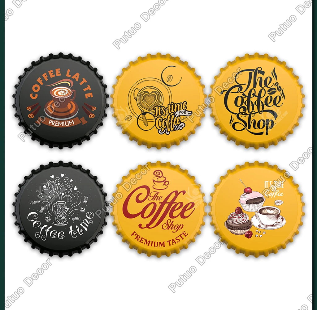 Putuo Decor Coffee Bottle Cap Metal Sign Plaque Metal Vintage Tin Sign Decor for Kitchen Cafe Pub Bar Club Home Wall Decoration