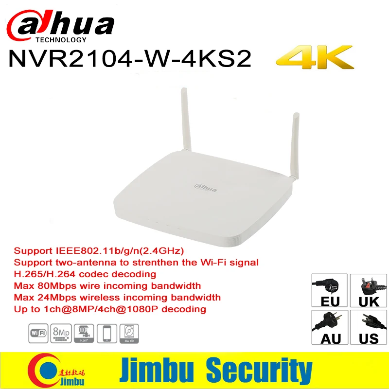 

Dahua NVR 4 Channel Smart 1U Lite 4K H.265 Wireless Network Video Recorder NVR2104-W-4KS2 Max 24Mbps wireless incoming bandwidth