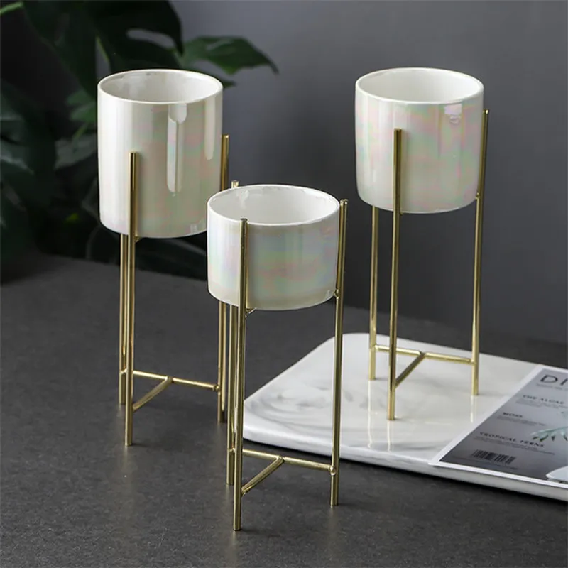 3Pcs Pearl Скандинавский минималистичный керамический цветочный горшок с металлической подставкой для гидропонных суккулентов растения для дома и сада плантатор свадебное украшение - Color: 3Pcs Pearl