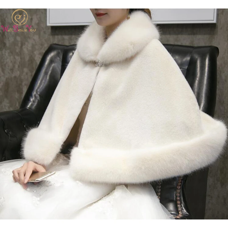 High Quliaty Bolero Wedding Ivory Wrap Faux Fur Stole Cape with Rhinestone Brooch Scarf with Fur Winter Women Coat Bridal Shawl