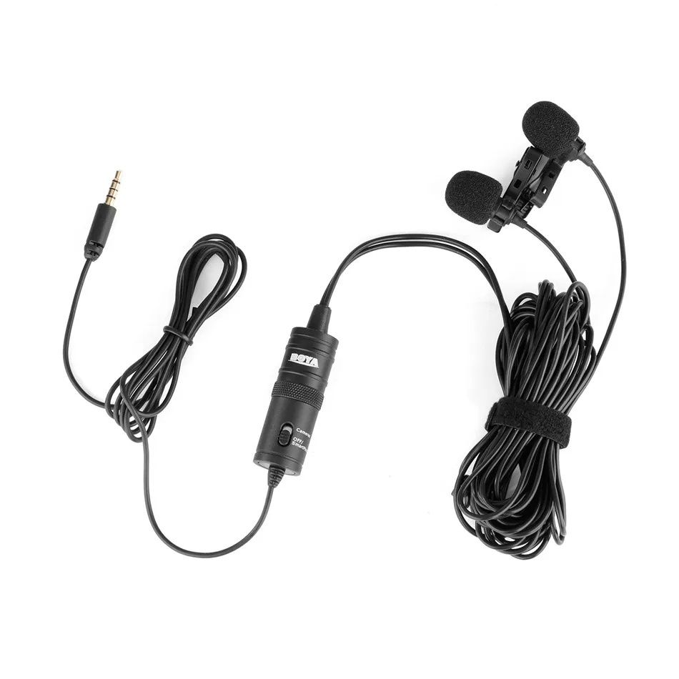 BOYA BY-M1DM 4m Professional Lavalier Condenser Microphone 3.5mm TRRS Dual-Head Streaming Lapel Microphone for PC Mobile Phone