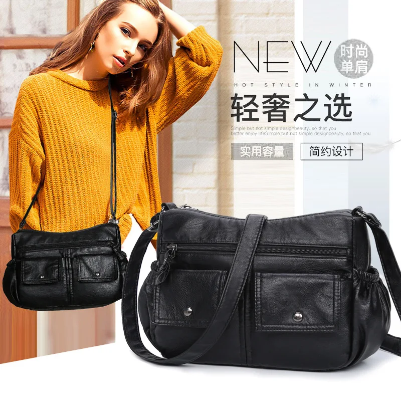 

2019 New Style Washing Soft Leather Shoulder Bag Double Bib Middle-aged Shoulder Mommy Bag Versitile Fashion WOMEN'S Bag