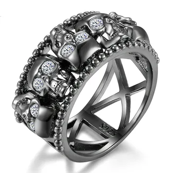 

3 colors 925 Silver Rhinestone Skull Ring Women's Men Red Black Crystal Skeleton Shape Zircon Luxury Princess Women ring