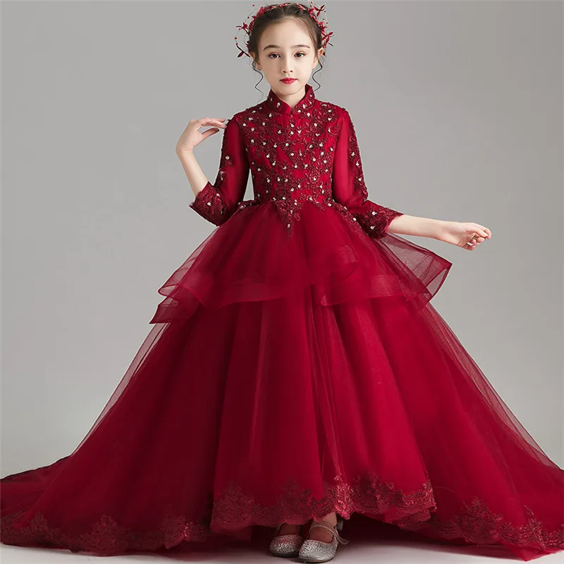 Элегантное платье принцессы с вышивкой и кружевами для девочек возрастом от 3 до 14 лет, красное платье с длинным шлейфом на свадьбу, день рождения Детские костюмы, платье