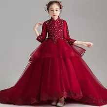 Элегантное платье принцессы с вышивкой и кружевами для девочек возрастом от 3 до 14 лет, красное платье с длинным шлейфом на свадьбу, день рождения Детские костюмы, платье