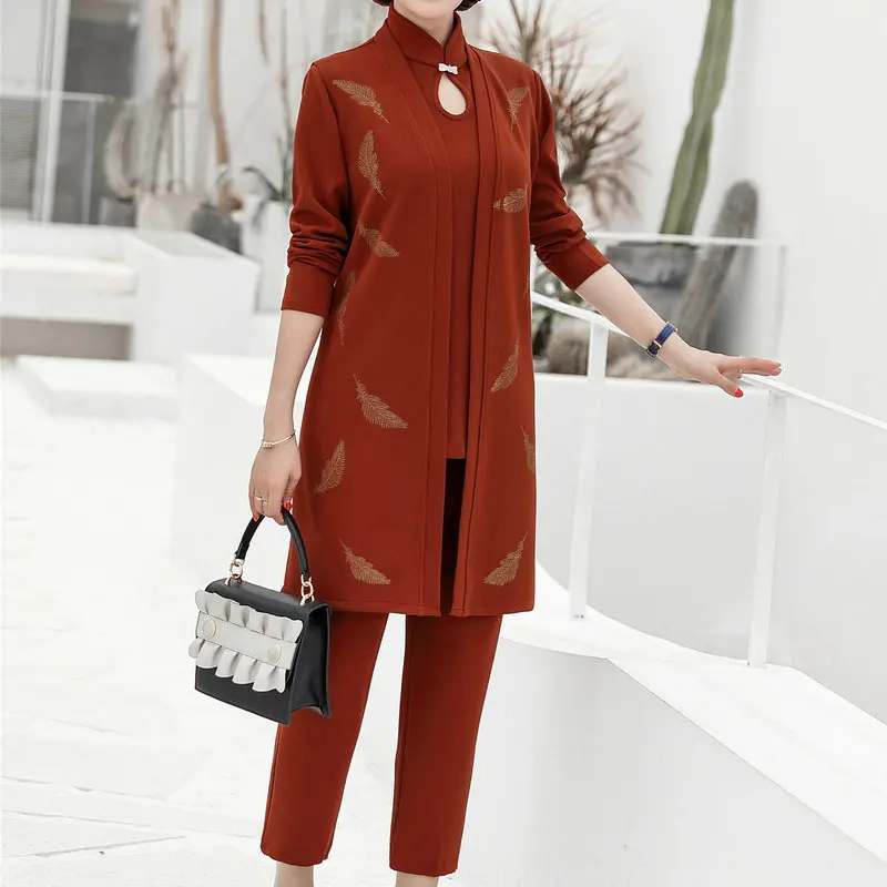 

Elegant Caramel Navy Blue Wine Red 3 Pieces Pant Suits Sets Women Business Smart Casual Cardigan Top And Trouser Suit Set Outfit