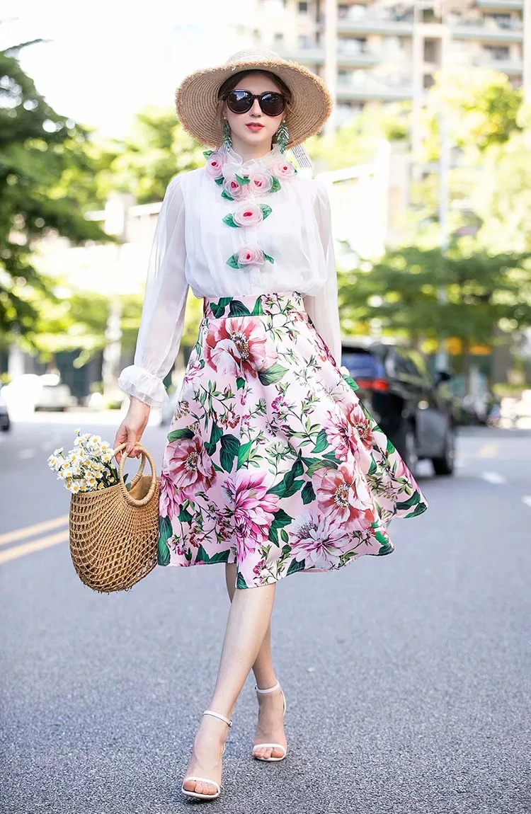 Saia de Pista de Outono Branca com Saia de Impressão Feminino Terno Elegante Manga Cheia Flor Apliques Blusa Dois Conjuntos Peças 1 com saia de impressão dois conjuntos peças