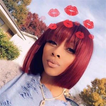 

99J Blunt Cut Bob Wig With Bangs Burgundy Straight Lace Front Human Hair Wigs For Women 150 Brazilian Remy 13x6 Lace Front Wig