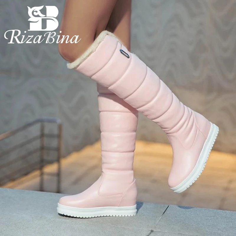 

RIZABINA Keep Warm Women Knee High Boots Slip In Solid Color Flats Snow Boots Thick Fur Winter Footwear Women Size 34-43