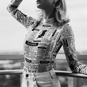 

Women Long Sleeves Pullover Top Sexy Skinny Bodysuit Vintage Newspaper Graphic Letters Printed Turtleneck Leotard Party Clubwear