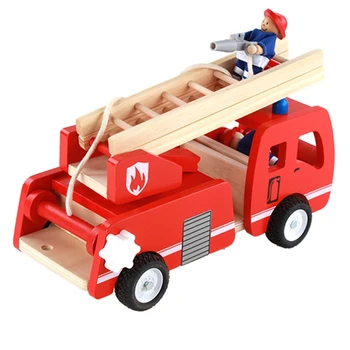 

Wooden Fire Truck with Firefighter Play Figure Artificial Aerial Ladder Fire Fighting Truck Model for Kids Children Pretend Play
