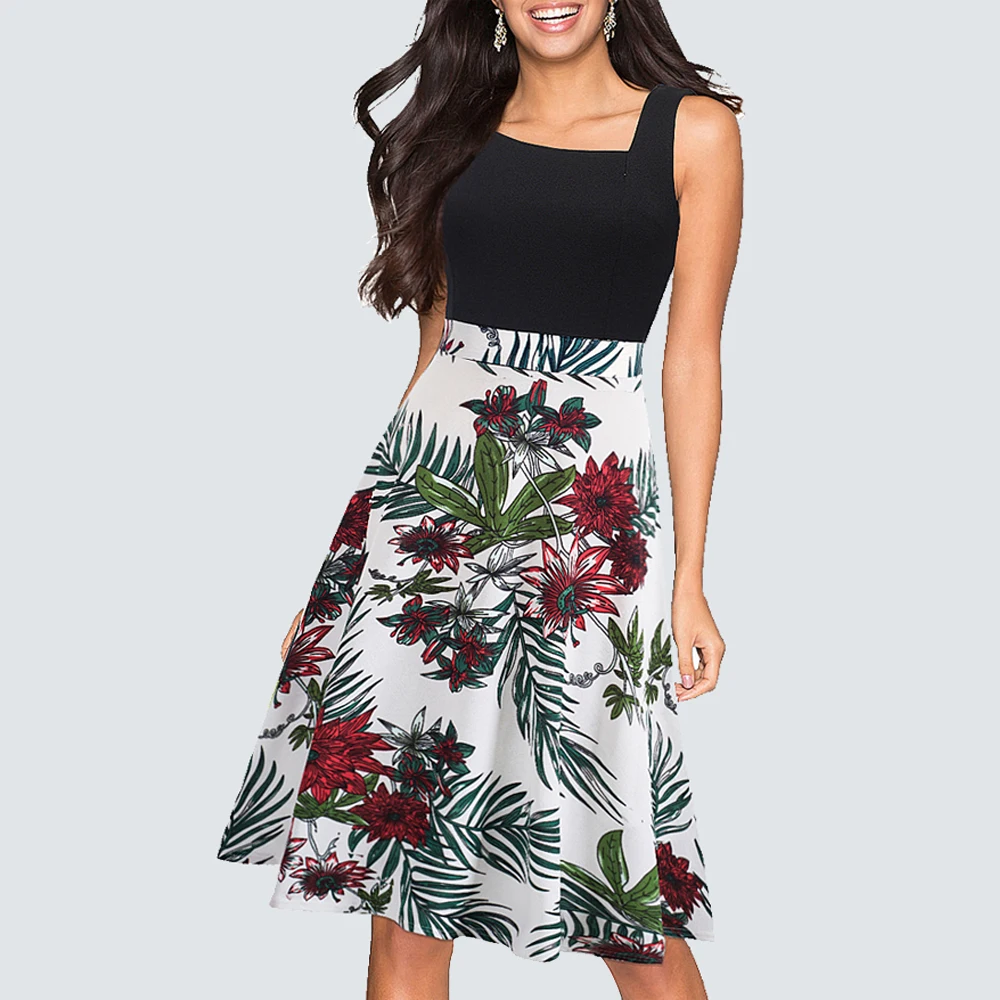 

Women Elegant Vintage Floral Print Swing A-line Dress Lady Sleeveless Casual Asymmetrical Collar Summer Dress HA090