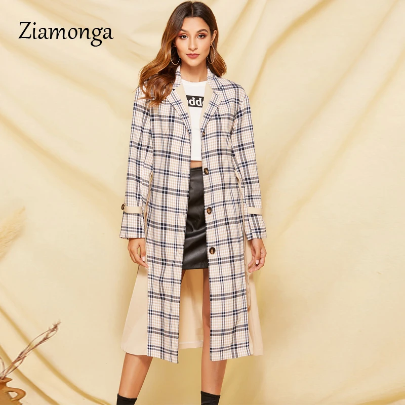 Beige Ziamonga, отложной воротник, Женский Тренч, Ретро стиль, с поясом, в клетку, осень, зима, длинная верхняя одежда, пояс, карманы, для офиса, для девушек, пальто - Цвет: Beige