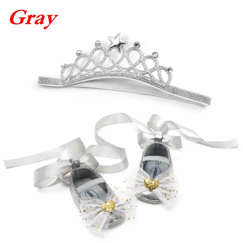 Gray Одежда для малышей и девочек мягкая подошва детская обувь, новорожденные Шнуровка с бантиком для принцессы туфли+ повязка на голову, комплект одежды из 2 предметов комплект для малышей милое детское платье Вечерние, для тех, кто только начинает ходить - Цвет: Gray