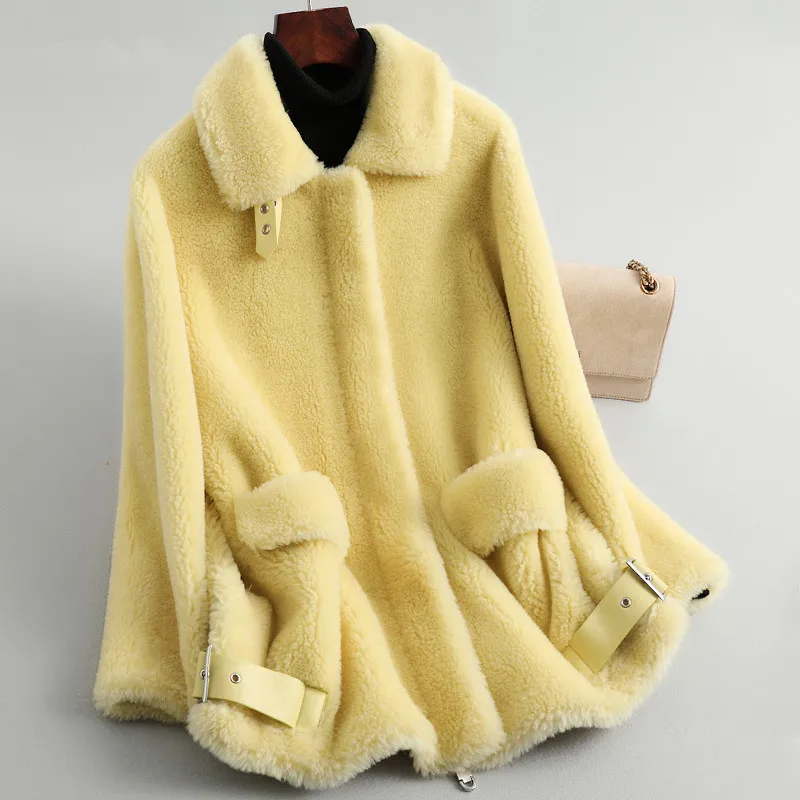 yellow AYUNSUE/зимнее пальто для женщин, из овечьей шерсти, пальто из натурального меха, женская одежда, пальто из натуральной шерсти, Корейская куртка Manteau Femme MY4373 - Цвет: yellow
